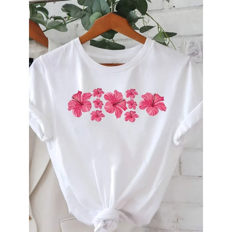 Hibiscus Print Women T-shirt Beach Vacation Summer Travel Top Fresh Romantic Style Short Sleeved Daily Street Atmosphere T-shirt