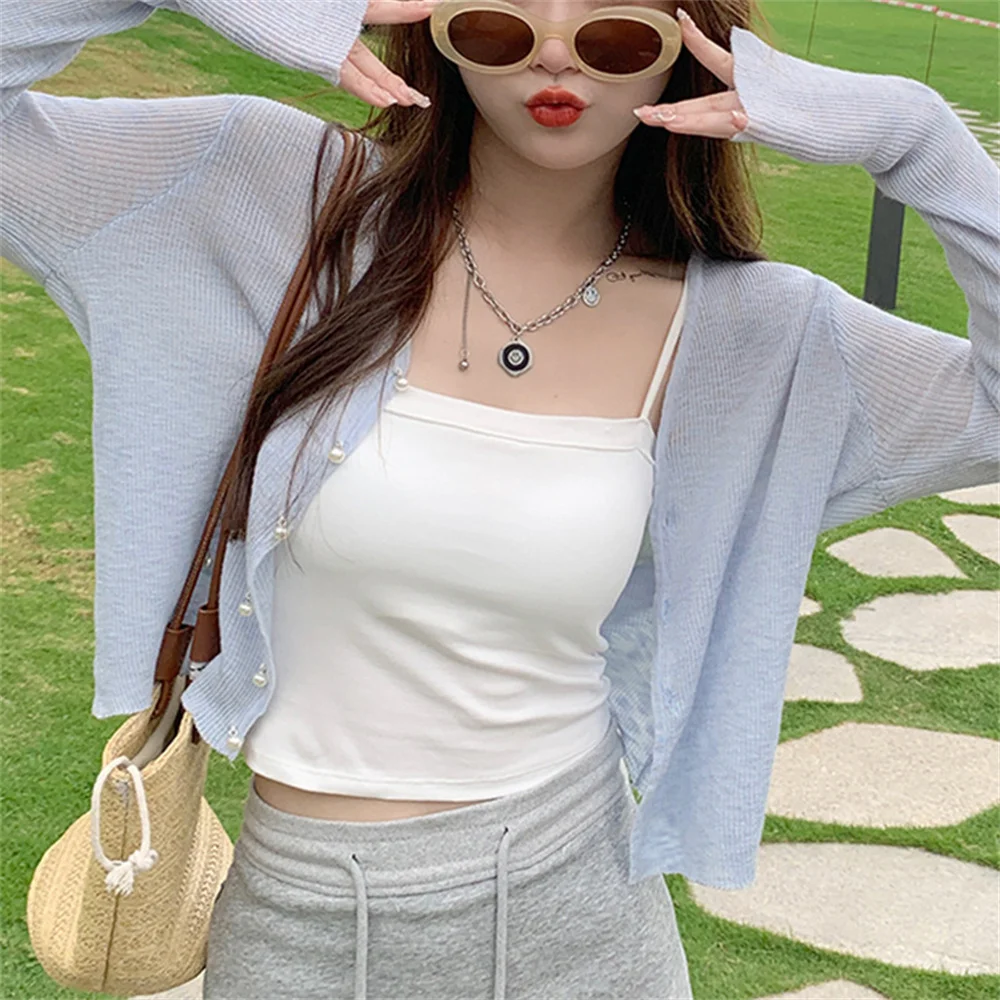 Thin Korean Fashion Green Ice Silk Sunscreen Knit Cardigan Outerwear Top Women Summer Outdoor Shawl Air Conditioning Blouse Tops