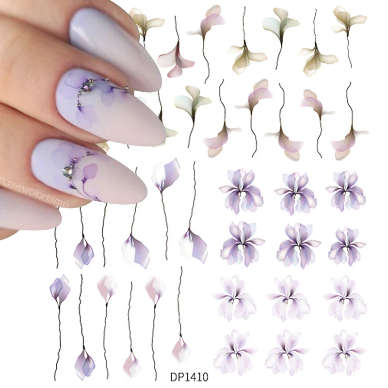 3D Nail Sticker Purple Red Blooming Flowers Transfer Decals Floral Leaf Watermark Lines for Slider Nail Art Decoration Manicure