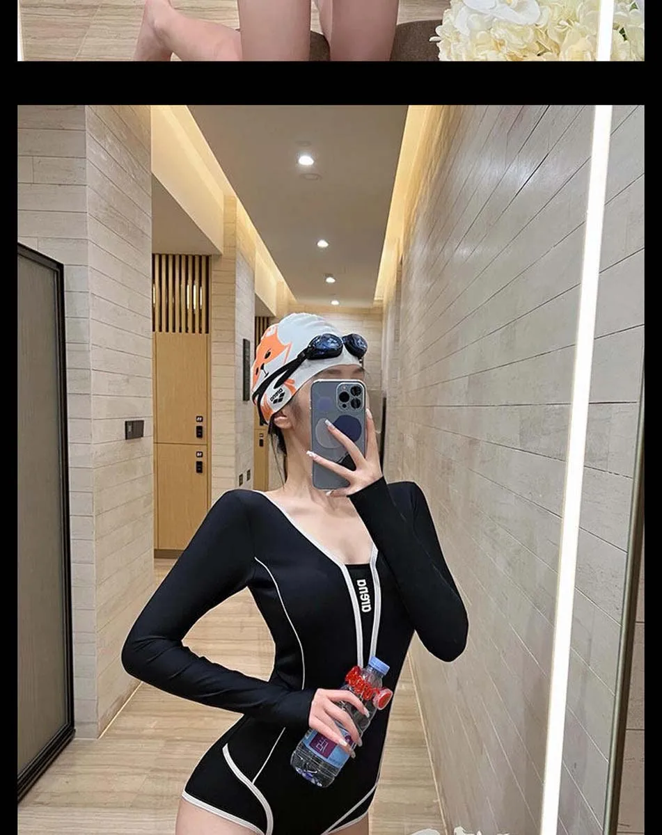 Long-sleeved Swimsuit Women's Swimwear Triangle One-Piece Suits Conservative Sun Protection Sports Clothes Beach Wear