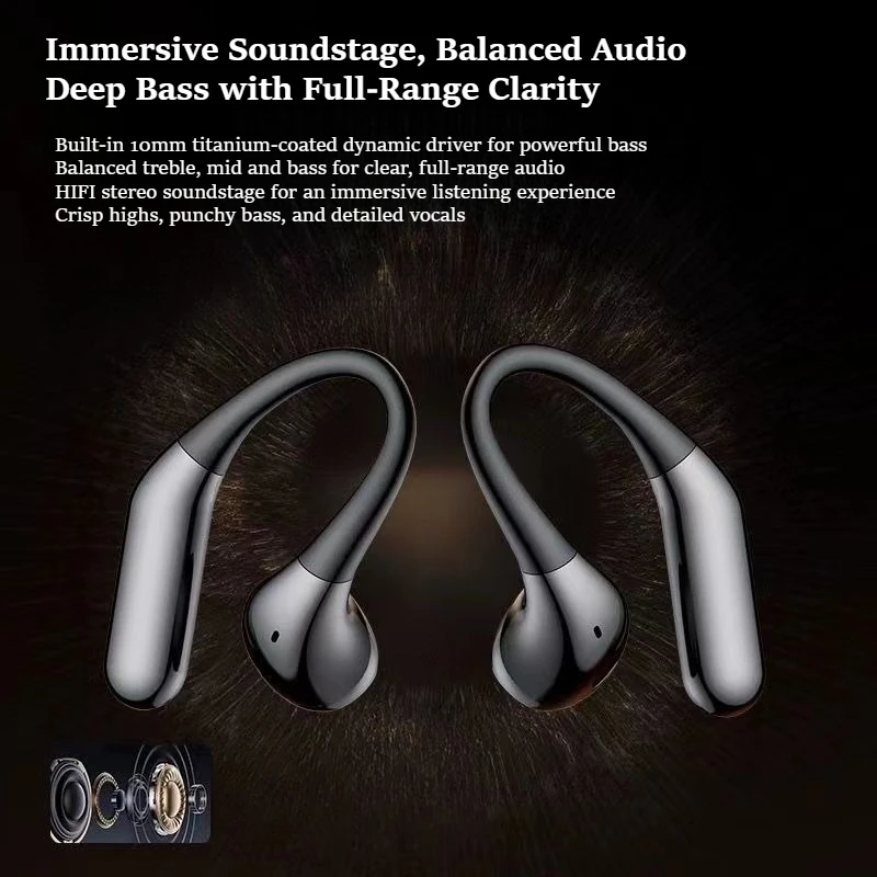 Open-Ear Wireless Bluetooth Headphones, 10mm Titanium Diaphragm, HIFI Stereo Bass Earbuds for Sports
