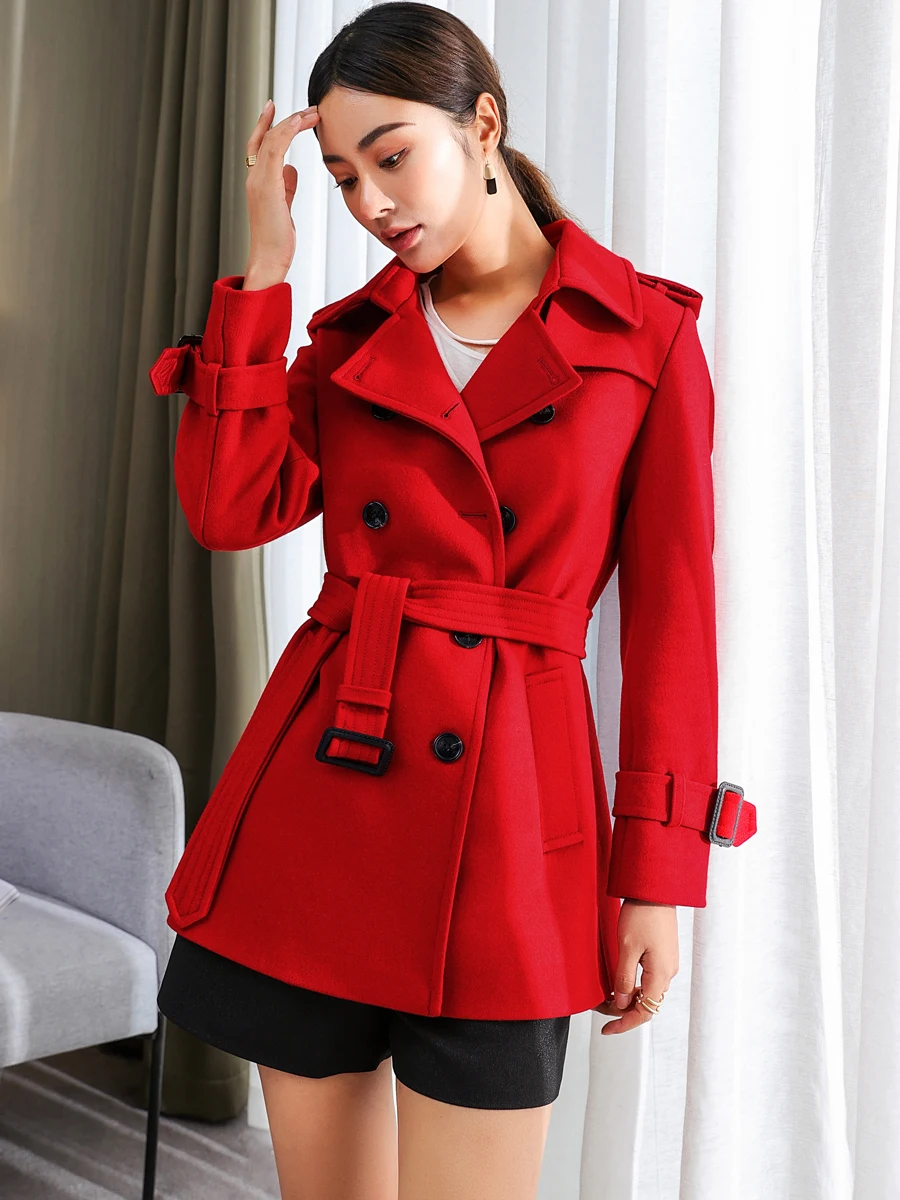 

Chinese Red Mid-length Female 2023 Winter Double Breasted Wool Coat Office Lady Fashion Grace Slin Fit Woolen Coat Free Shipping