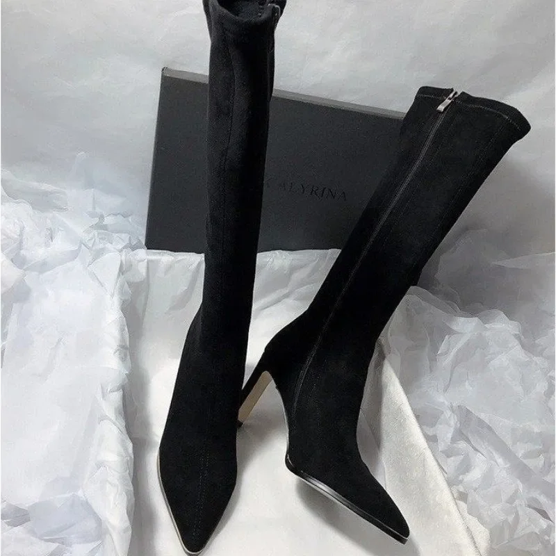 Winter Knee High Chelsea Boots Women High Heels Shoes Fashion Pointed Toe Motorcycle Boots New Woman Gladiator Pumps Botas Mujer