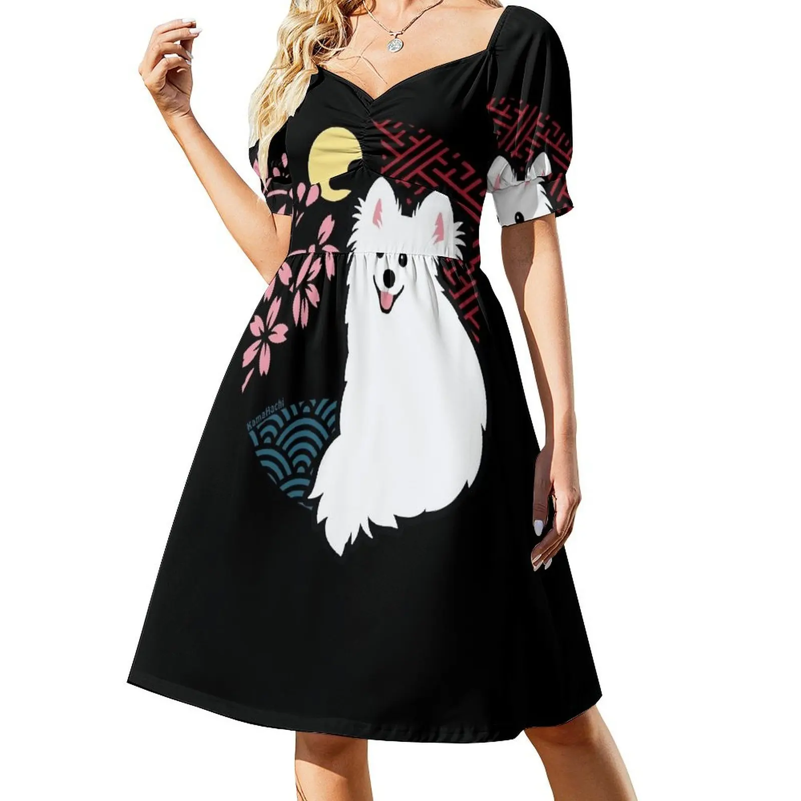 

Happy Spitz Dog & Sakura - Japanese Kirie Paper Cutting Art Style (Black) Short Sleeved Dress long sleeve dress Dress