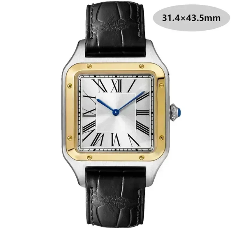 Men\'s Santos Luxury High Quality Lovers Quartz Watch Mens Women Fashion Square Leather Men Gold White Sapphire Wristwatch