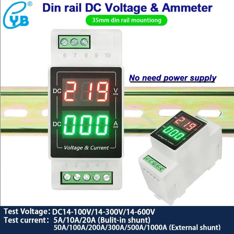 Two-wire DC Voltmeter Ammeter Din rail Digital Voltage Current Meter 24V 100V 300V 600V 5A 20A 50A 100A 500A volt tester YB103VA