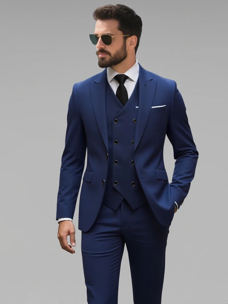 

Men's Pants Suit Navy Blue Formal Slim Fit Blazer Vest Trousers 3 Pieces Set Casual Groom's Wedding Dress Suit Business Party