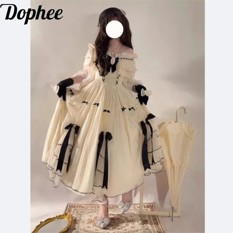 Dophee Original Elegant Lolita Dress 2024 New Spring Summer Cute Mesh Bow Princess Dress Sexy Slash Neck Mid-long Short Sleeve