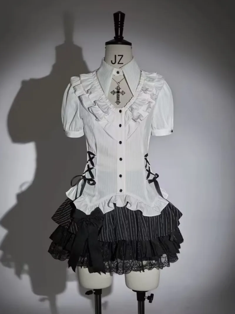 

Retro Gothic Girls Skirts Sets Japanese Subculture Darkly Series Top+Cake Skirt Two Piece Set Summer New Y2k Women Clothing