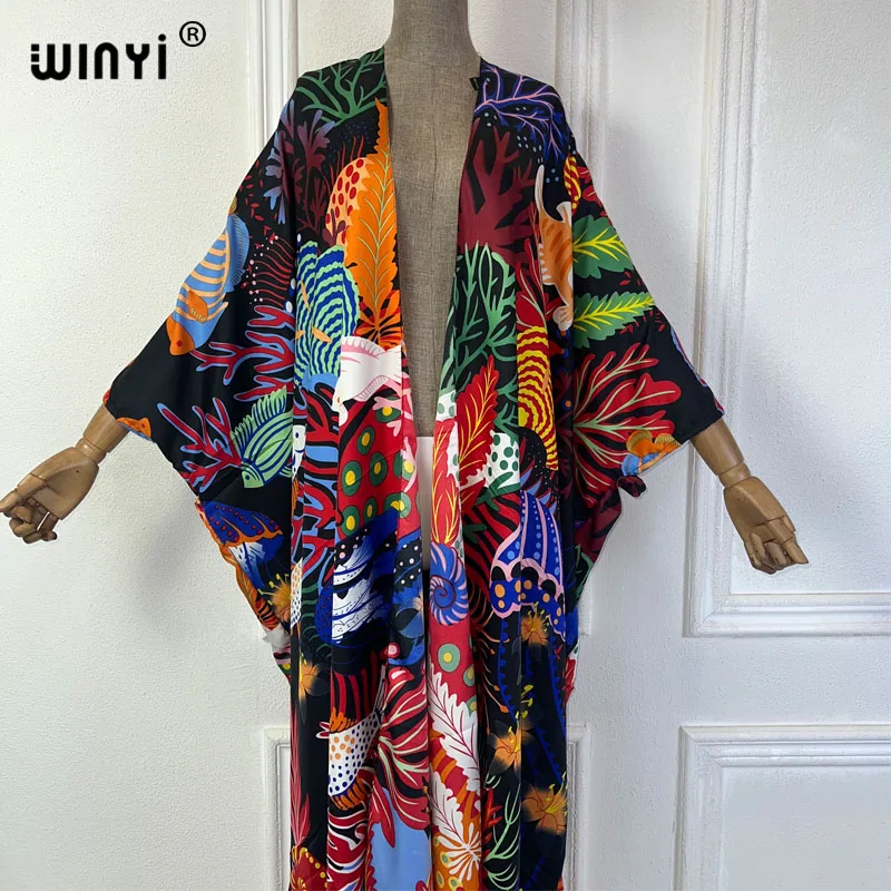 WINYI new summer kimono african boho print dress beach wear Elegant Cardigan Holiday beach outfits for women beach cover up robe