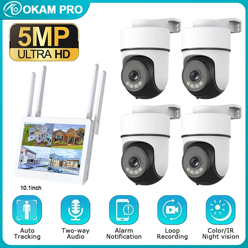 

Комплект видеонаблюдения OKAM PRO 4CH с 10-дюймовым ЖК-монитором, NVR, 5 МП Wi-Fi PTZ IP-камерами и сенсорными экранами для наружного видеонаблюдения