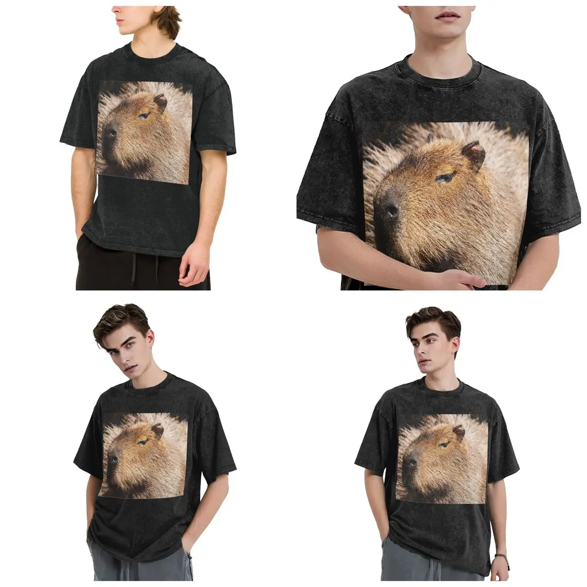 Capybara Profile Hip Hop Short Sleeve T-Shirts Washed Tops Tees Streetwear T Shirt Casual for Men Women