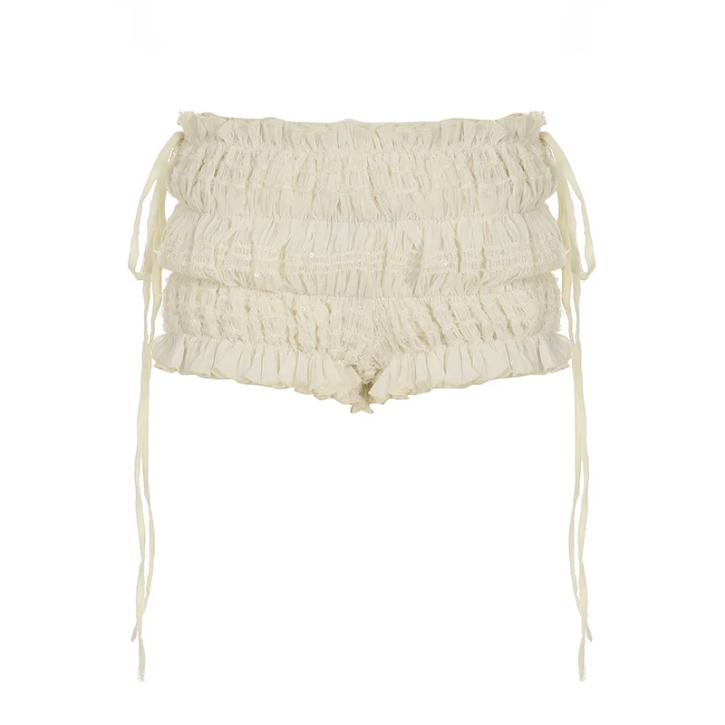 IAMHOTTY Folds Textured Chiffon Shorts Beige Color Tie-up Baggy Hot Pants Coquette Aesthetic Safety Shorts Lolita Style Bottoms