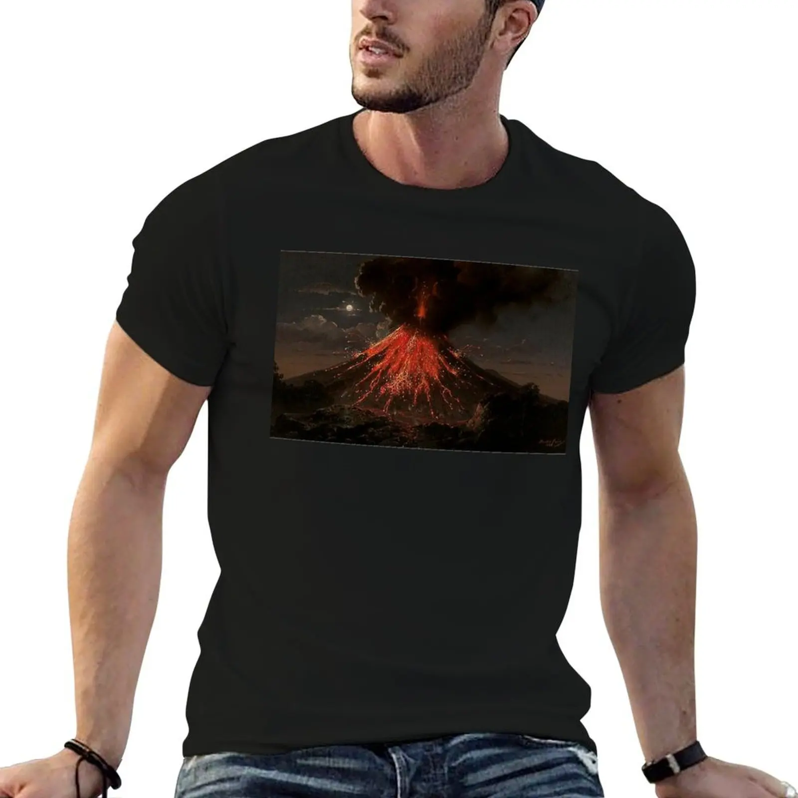 T-shirt volcan Merapi, éruption nocturne par Raden Saleh, T-shirt grande taille pour usage quotidien