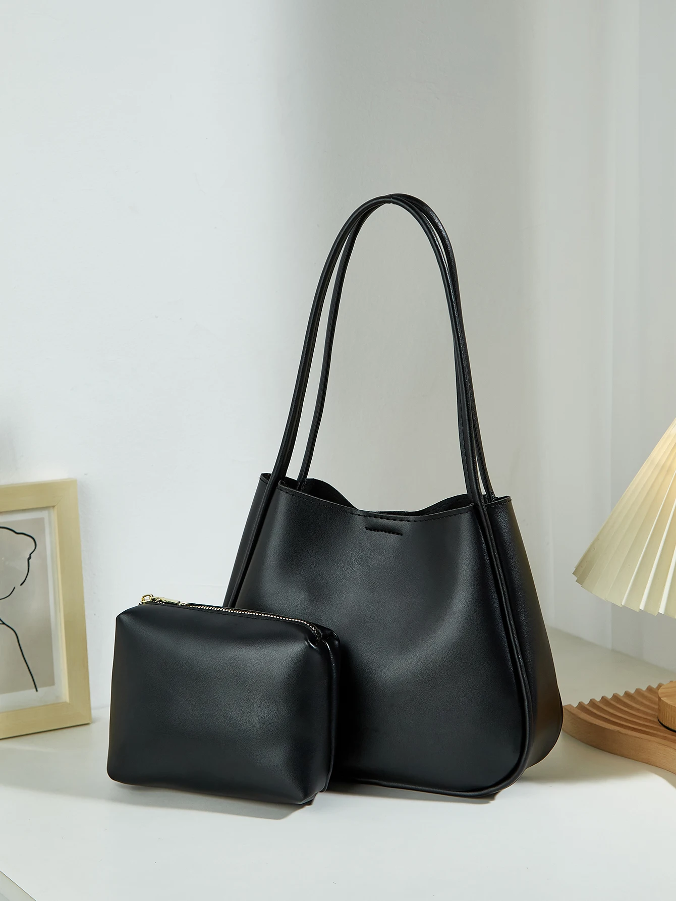 Conjunto de 2 peças de grande capacidade, elegante, versátil, novo estilo, minimalista, cor sólida, bolsa de ombro e portátil feminina