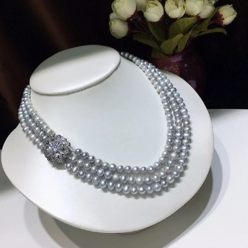 3-Row Natural Pearl AAA 5-6mm South Sea Round Grey Pearl Necklace 17*18*19 inch 925s Other Sizes Contact Customer Service