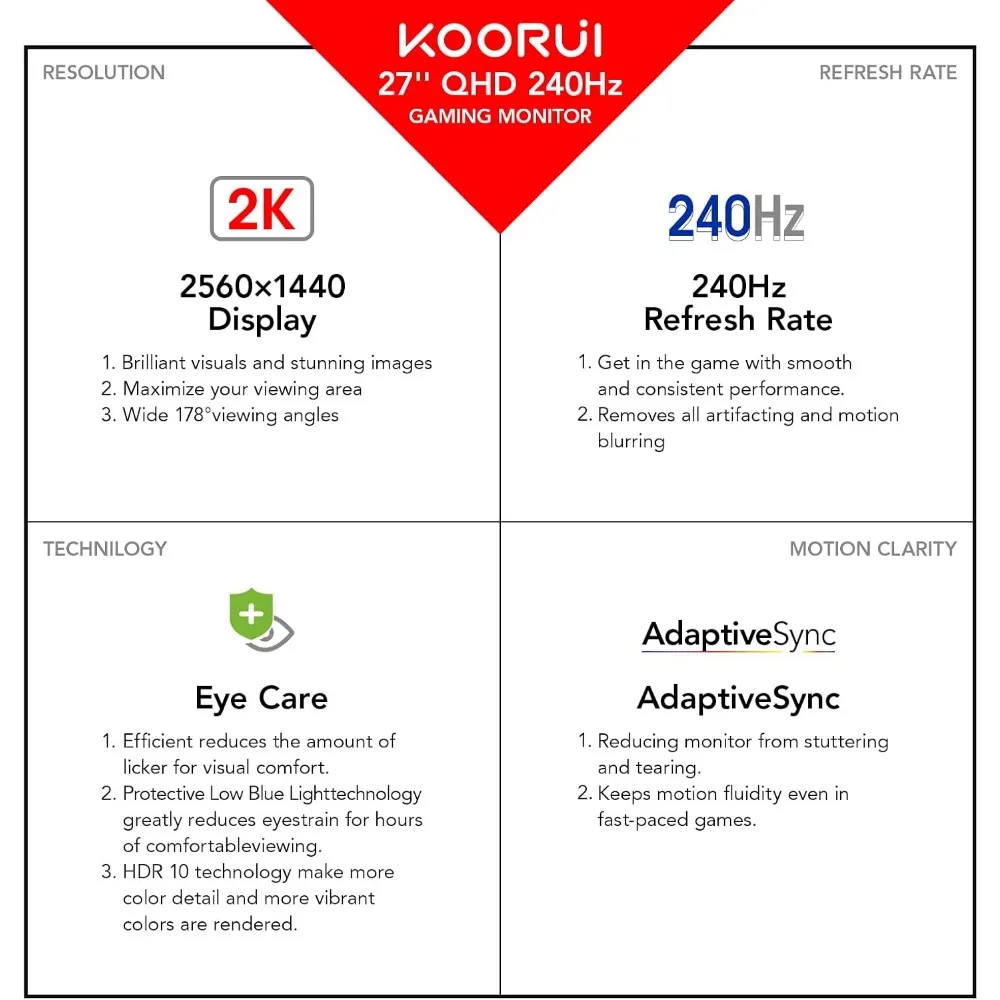 Monitor, 27 inch WQHD 2560 x 1440 PC Computer Monitor, Up to 240Hz Refresh, 1ms, Adaptive Sync, HDR10, DCI-P3 90%