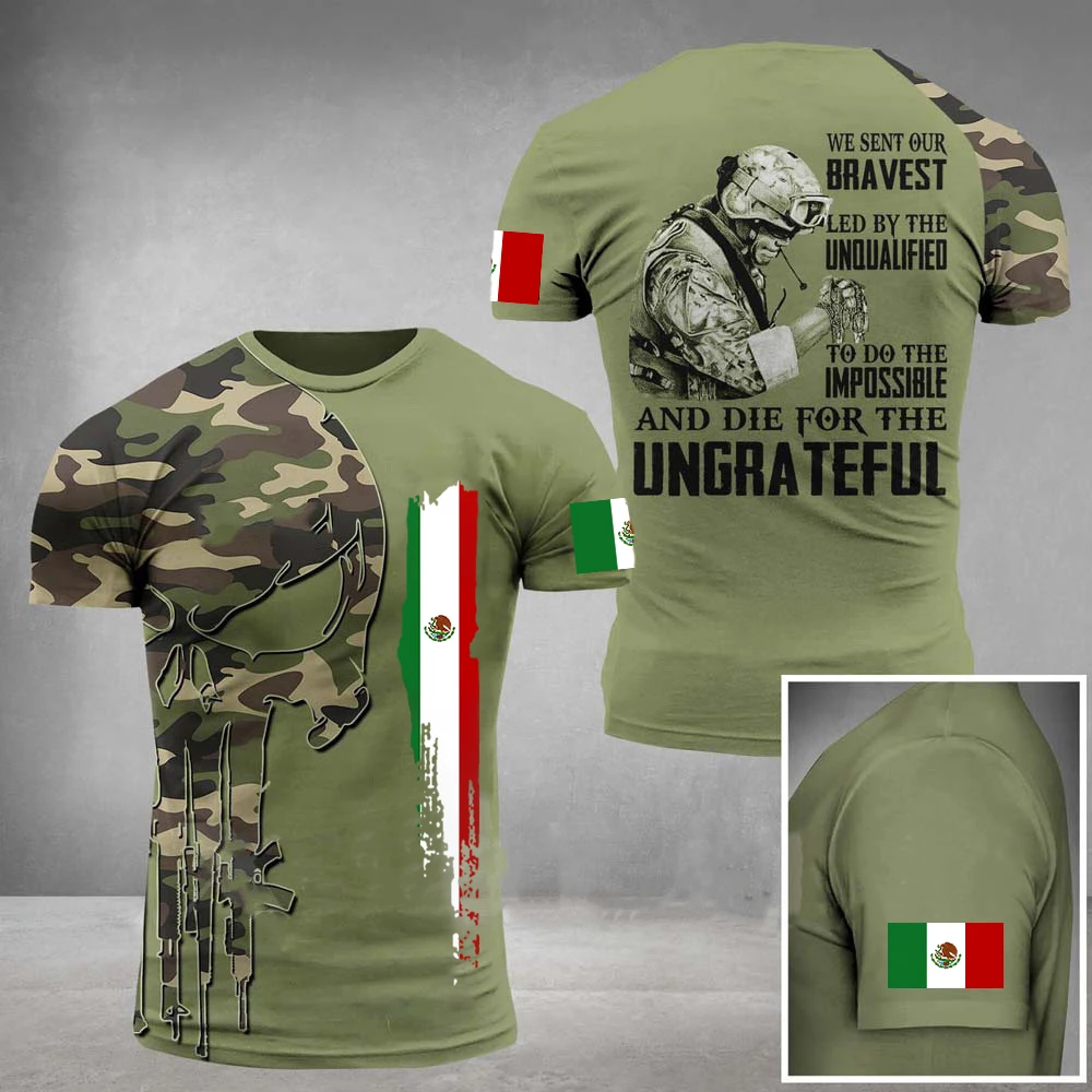 Mexico Flag Men's T-shirt Oversized Retired Military Graphic Casual Short Sleeve Tops Tees Mexican Outdoor Street Men's Clothing