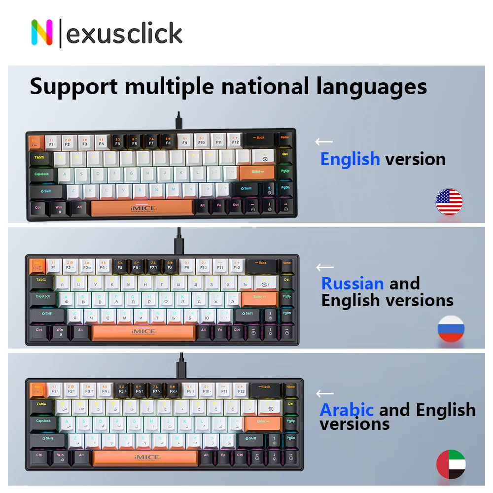 Multilingual Bundle USB Wired Mechanical Keyboard,68Key RGB Hot-Swappable US/Russian/Arab Gaming Keyboard For PC Computer Laptop