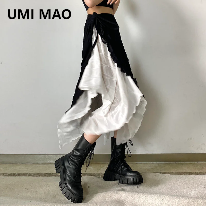 UMI MAO Self-made New Black White Contrasting High Waisted Asymmetrical Mesh Long Skirts With Lace Up Design A Skirt