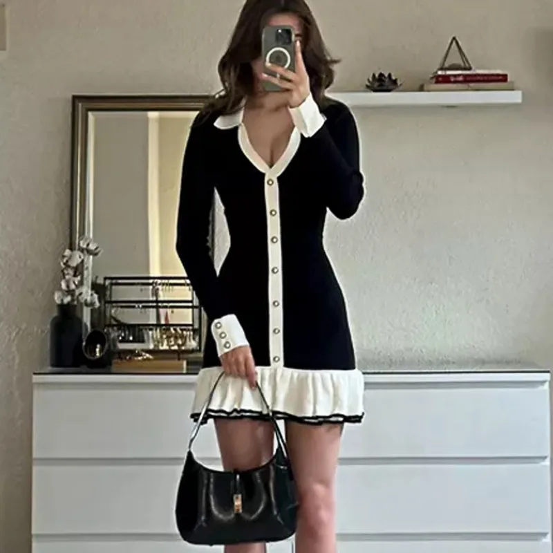 Talenza Knitted Ruffled Lace Up Mini Dress Women\'s Elegant Long Sleeve Single Breasted Evening Dress Patchwork Bow Mini Dress