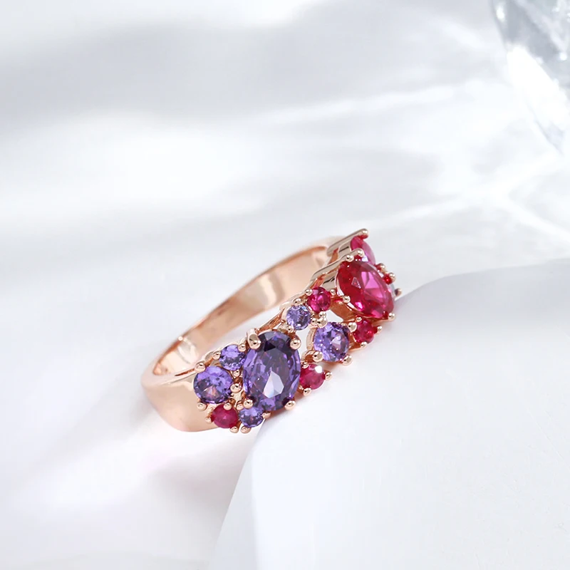 Kinel New Vintage Purple Natural Zircon Ring for Women Wide 585 Rose Gold Rings Ethnic Wedding Jewelry Daily Party Accessories