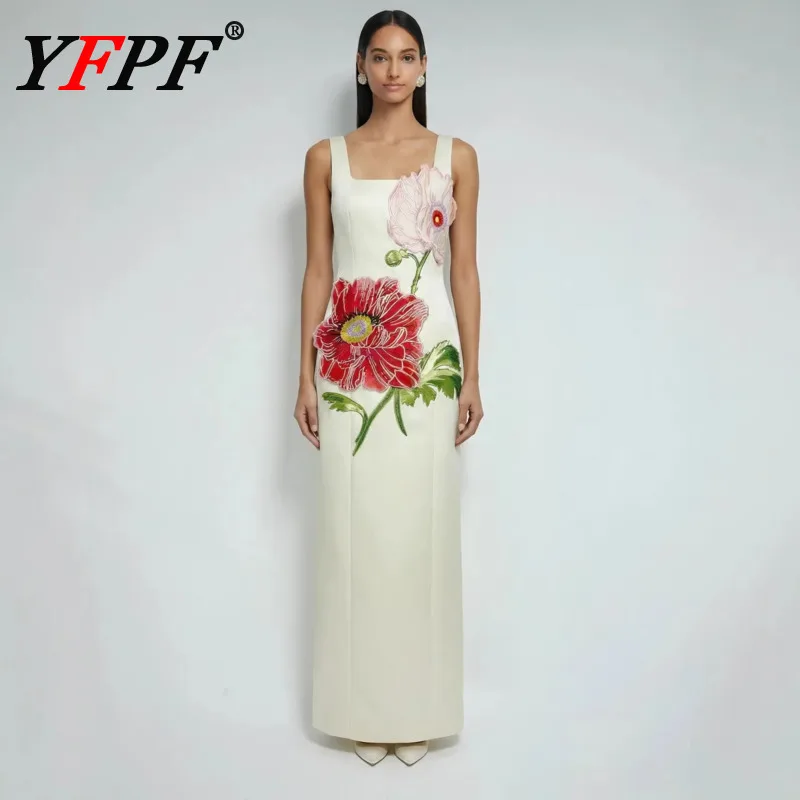 

YFPF 2026 Spring Summer New Women's Dress Embroider Flower Patchwork Design Sleeveless Slim Long Dresses Elegant Clothing