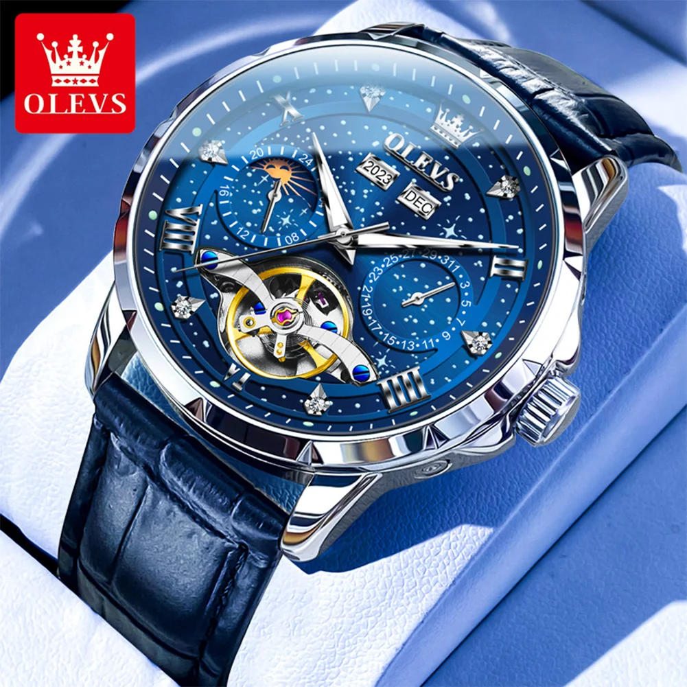 

OLEVS Brand Original Luxury Tourbillon Mechanical Watch for Men Luminous Fashion Starry Sky Moon Phase Automatic Watches Mens