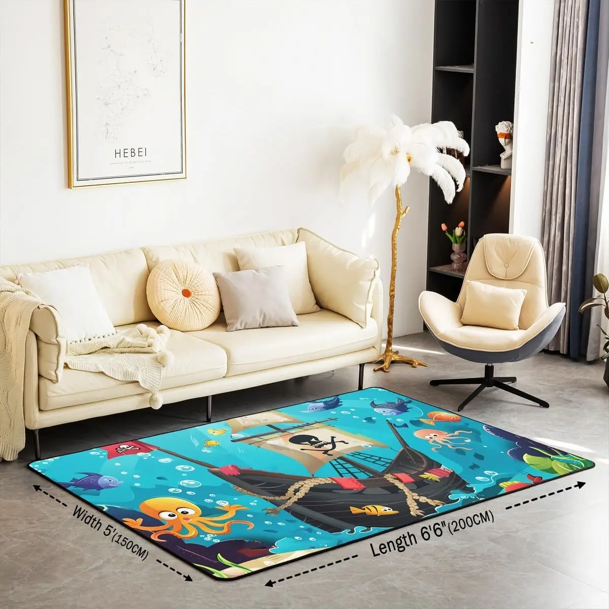 Cartoon Pirate Ship Area Rug for Bedroom Playroom Marine Adventure Living Room Rugs Underwater Fish Carpet Non Slip Cute Octopus