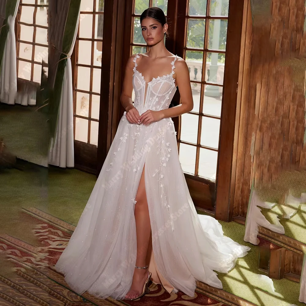 Vestidos De novia elegantes De corte a para mujer, Vestidos De novia con estampado De flores De encaje y cuello corazón, Vestidos De novia De princesa personalizados