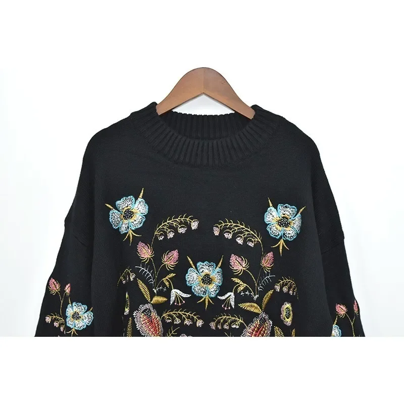 TEELYNN-Jersey negro con bordado floral para mujer, Jersey bohemio de manga larga con cuello redondo, Top de punto suelto, Otoño e Invierno