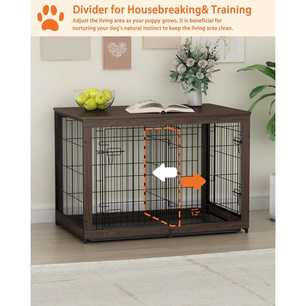 wooden dog crate furniture with divider panel, dog crate end table with fixable slide tray, double doors dog kennel indoor for