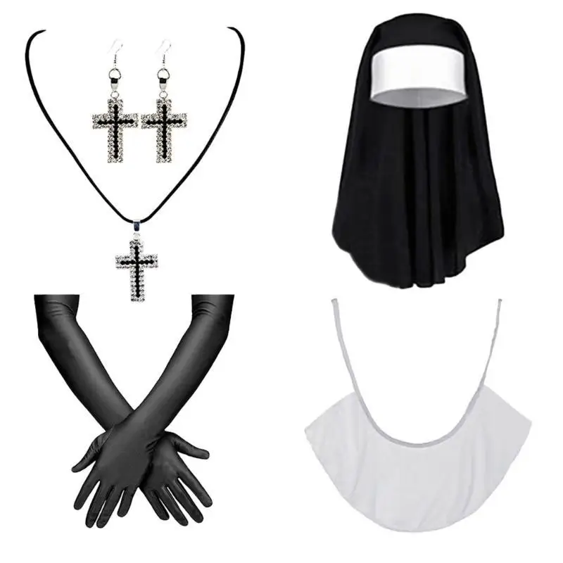 39BD Halloween Nun Costume Set Include Nun Headpiece Stocking Crossed Pendant Necklace and Collar for Women Cosplay