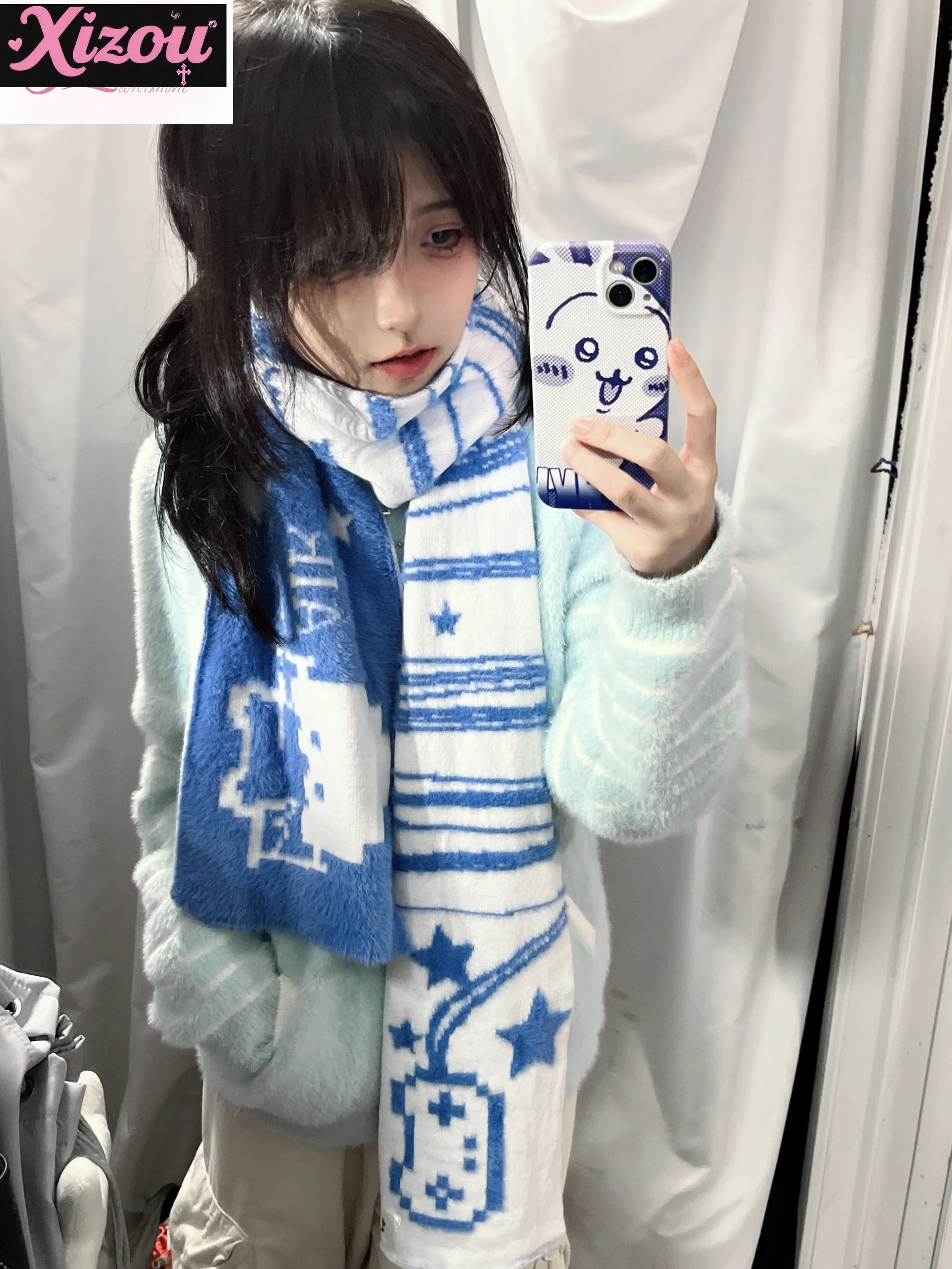 

Japanese Original Yabi Y2k Design Game Console Puppy Scattered Stars Geometric Pattern Double-sided Wearing A Large Scarf Unisex