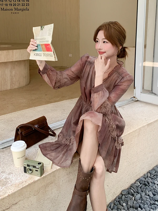 

French Sle High Waist Long Sve Tie Dye Lace Print Dr Women's Early Spring Autumn New Sle Beautiful A-Line Skirt