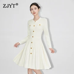 ZJYT Designer Runway Fashion Autumn Winter Knitted Sweater Dresses Women Long Sleeve O Neck Buttons Pleated Solid Casual Dress