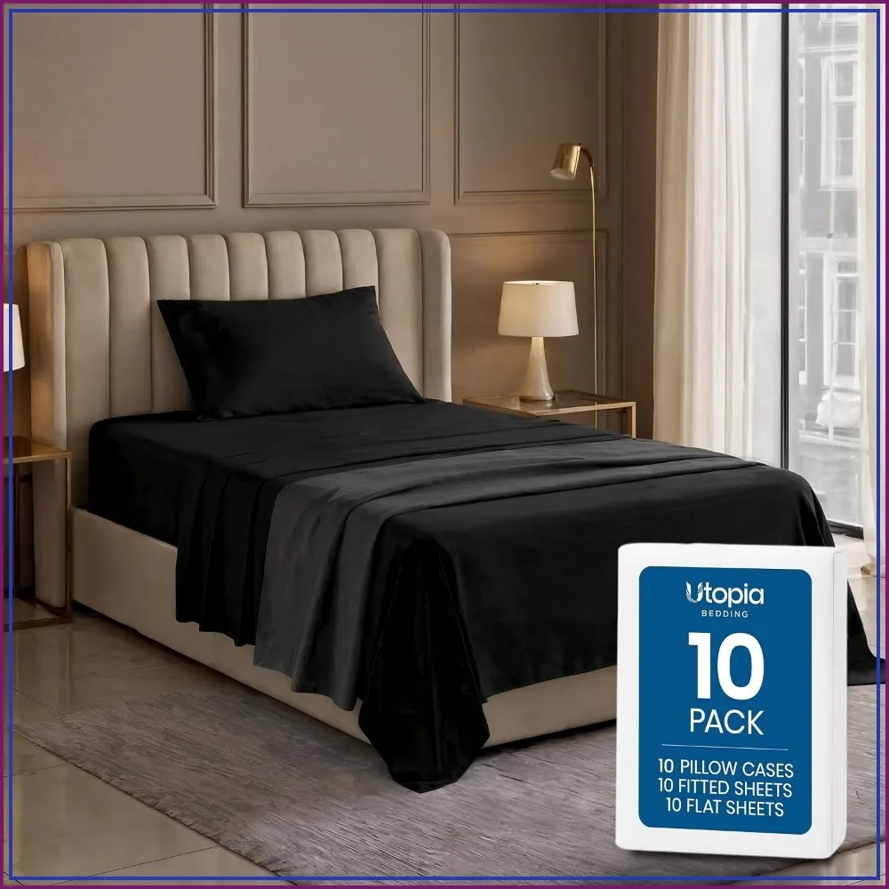 Bulk 10-Pack Twin Size 3pc Bed Sheet Set for Hotel, Resort, Motel, Black