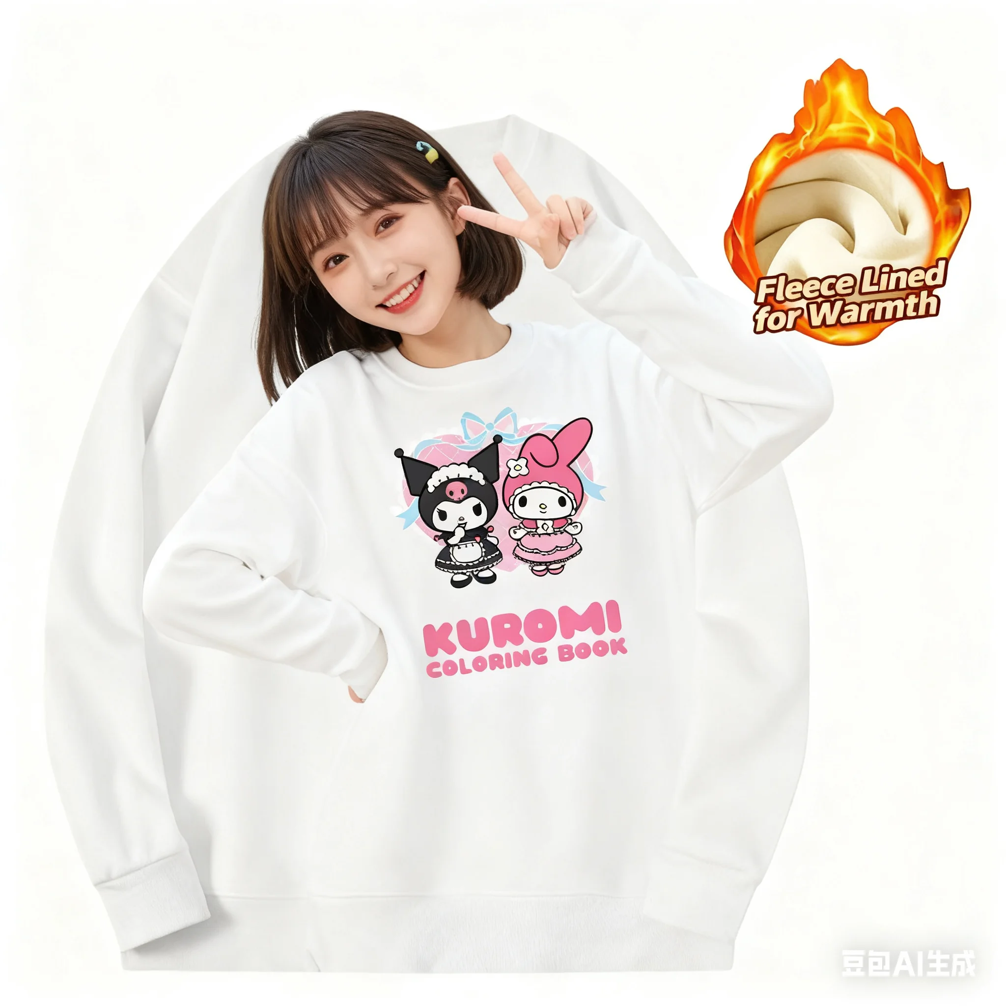 

Sanrio Series Printed Crew Neck Long-Sleeve Top, Cute and Warm Fleece-Lined Crew Neck Long-Sleeve T-Shirt, 100% Cotton