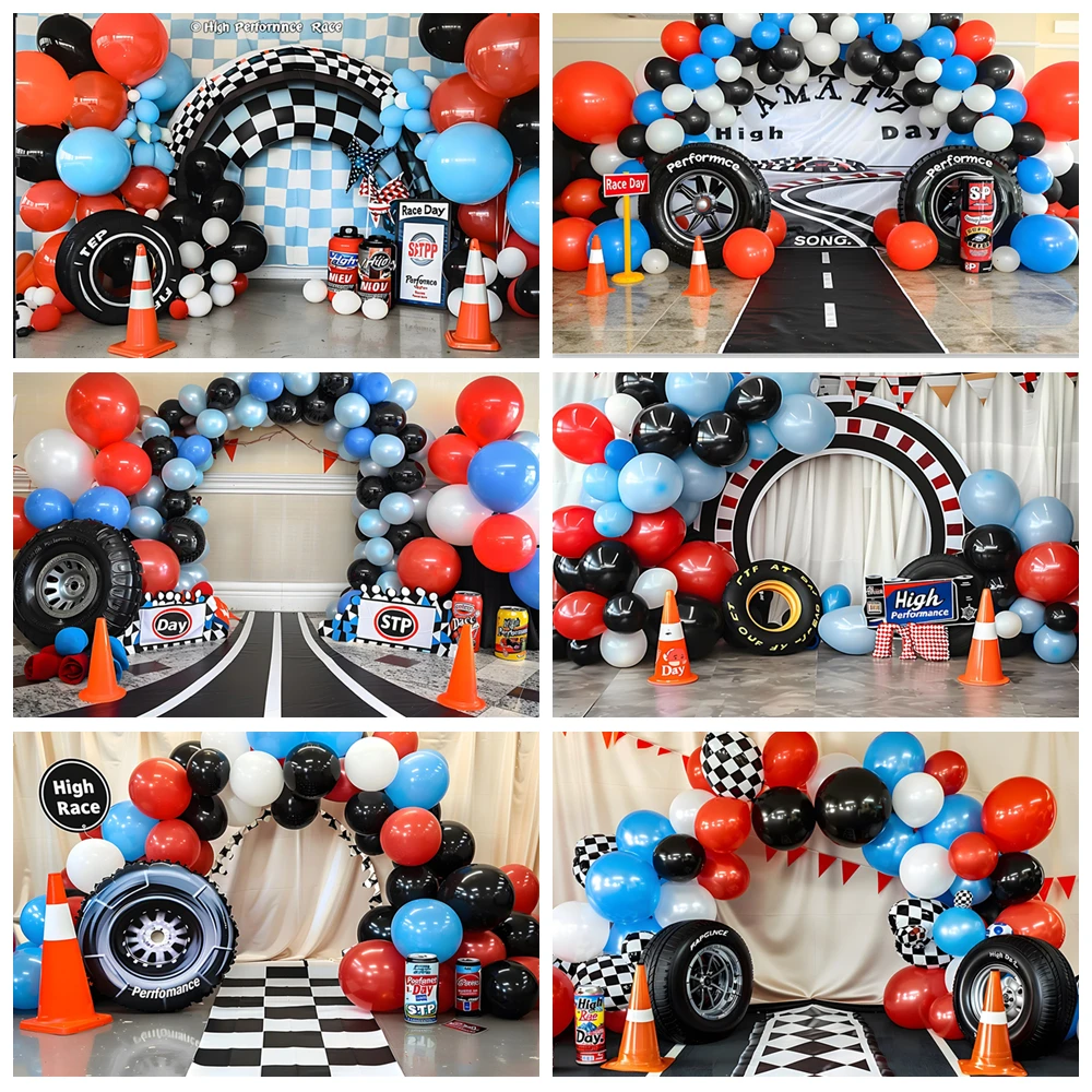 

Baby Shower Backdrop For Photography Track Racing Tire Balloon Photo Background Banner Children Birthday Party Photobooth Poster