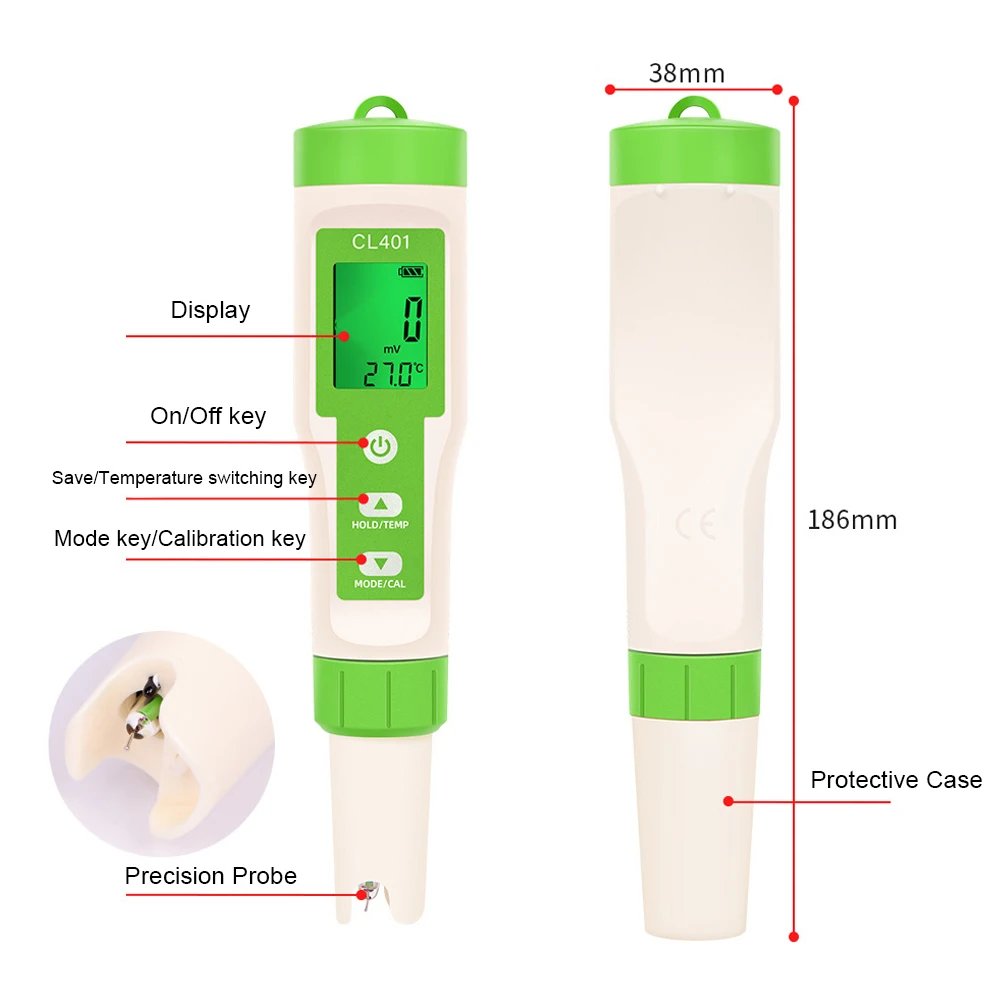 Penna per test del cloro penna per la misurazione del contenuto di cloro d\'acqua 4 in 1 strumento per la misurazione del cloro della piscina acqua