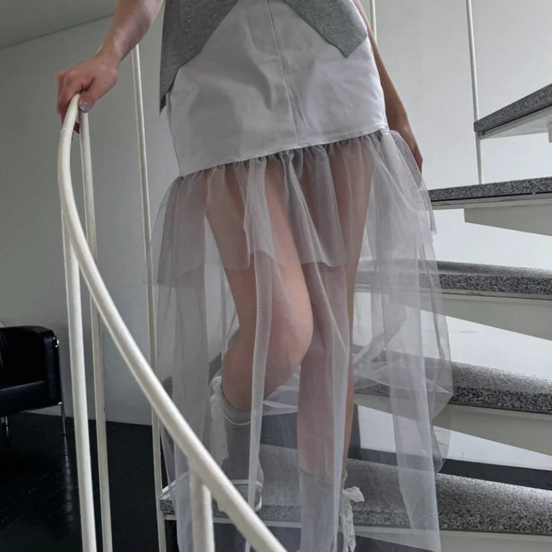 Korean Sweet Cool Style Beautiful Layered Mesh A-Line Skirt Fake Two-Piece High Waist Slimming Half Skirt Women's Fashion