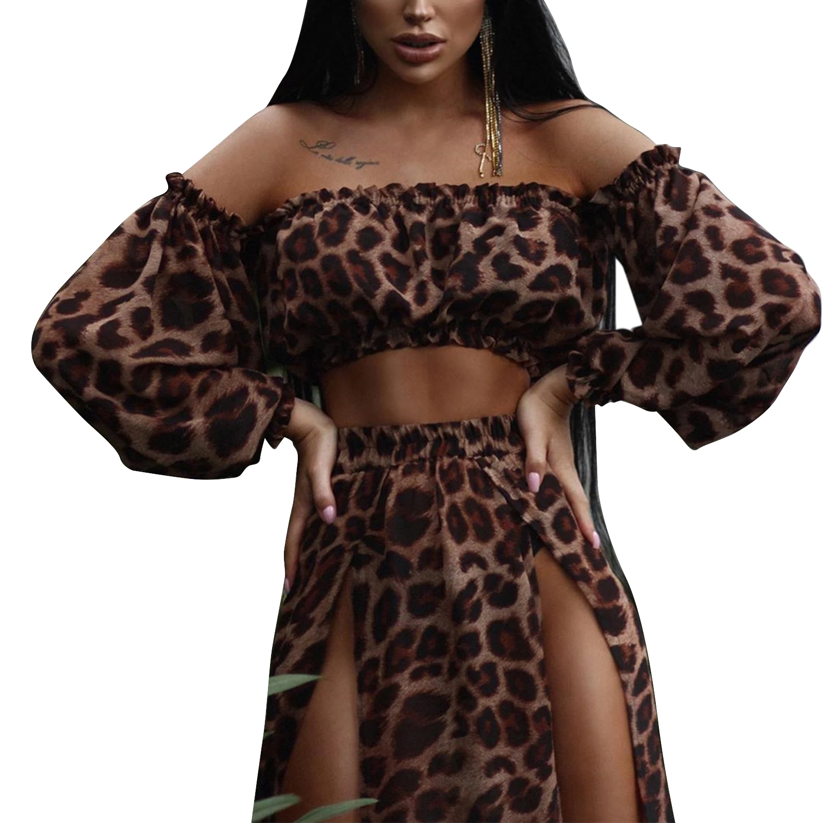 Ladies Sexy Beach Overskirt Set Summer Vacation Women Temperament Leopard Print Strapless Puff Sleeve Crop Top Split Skirt