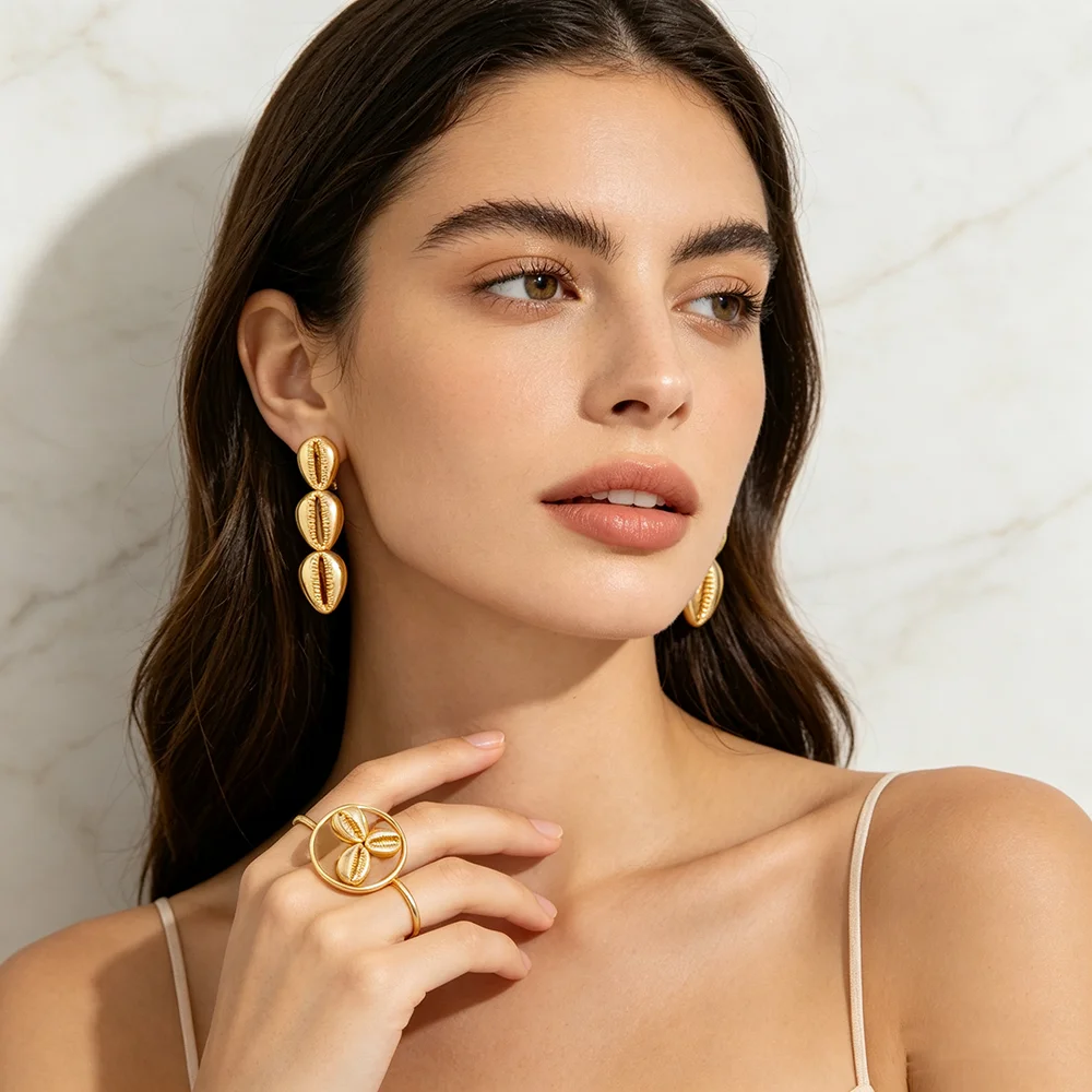 Damen 18K vergoldetes Muschel-Ohrring- und Ring-Set, afrikanisches ethnisches Statement-Schmuckset, Geschenk für Party und Hochzeit – Detail 7