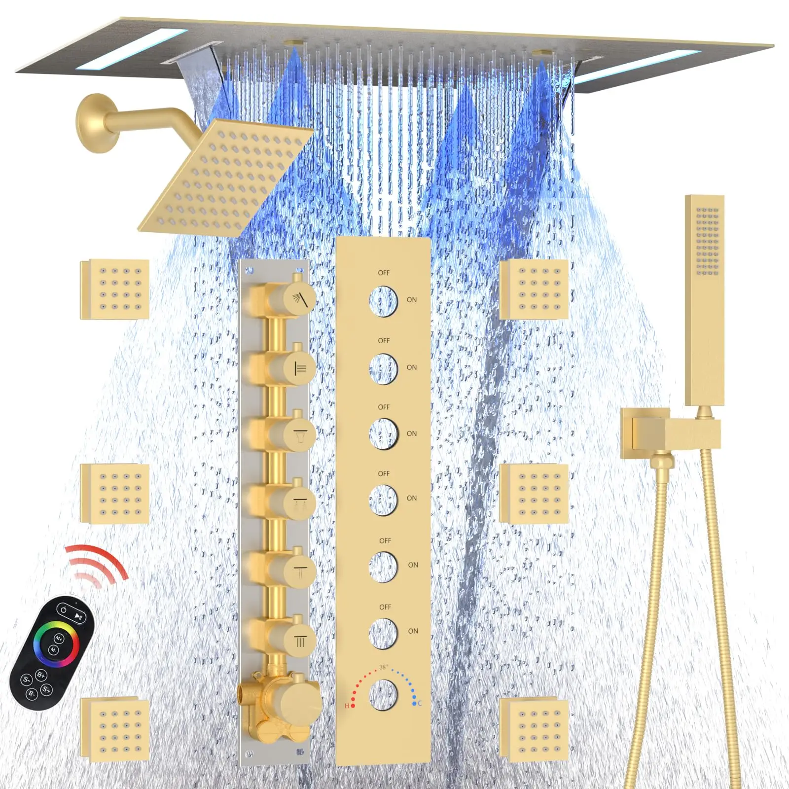 Brushed Gold Ceiling Mount LED 14x20inch and 6inch Double Shower Heads Full Body Smart Thermostatic Rainfall Shower System Set
