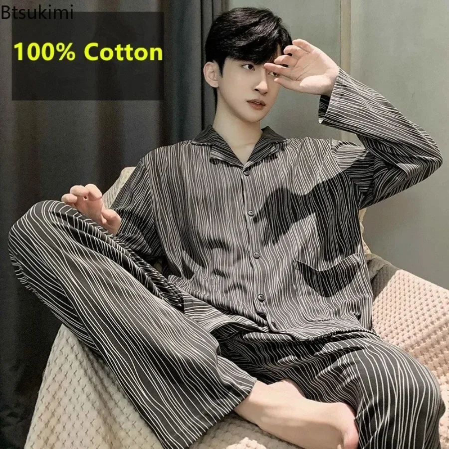 

2025 Men's Pajamas Sets New 100% Cotton Long Sleeve+Pants Homewear Loungewear 2 Pieces Men Fashion Comfort Sleepwear Four Season