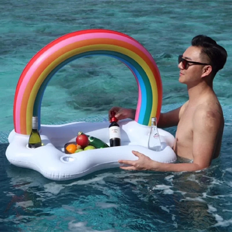Summer Rainbow Inflatable Toys Beer Drinking Cooler Table Bar Tray Beach Swimming Pool Party Float Inflatable Ring Water Toy