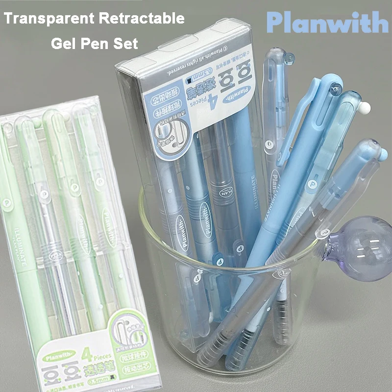

Planwith Gel Pen Set 4pcs INS Transparent Body Sphere Retractable Portable Leak-Proof Exam Pens Note Taking Journaling Supplies