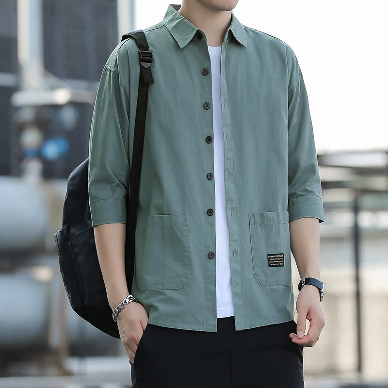 

Boutique 2023 Summer Fashion Day Washed Korean Version Casual Simple Comfortable Men's Pure Cotton Thin Seven-point Sleeve Shirt