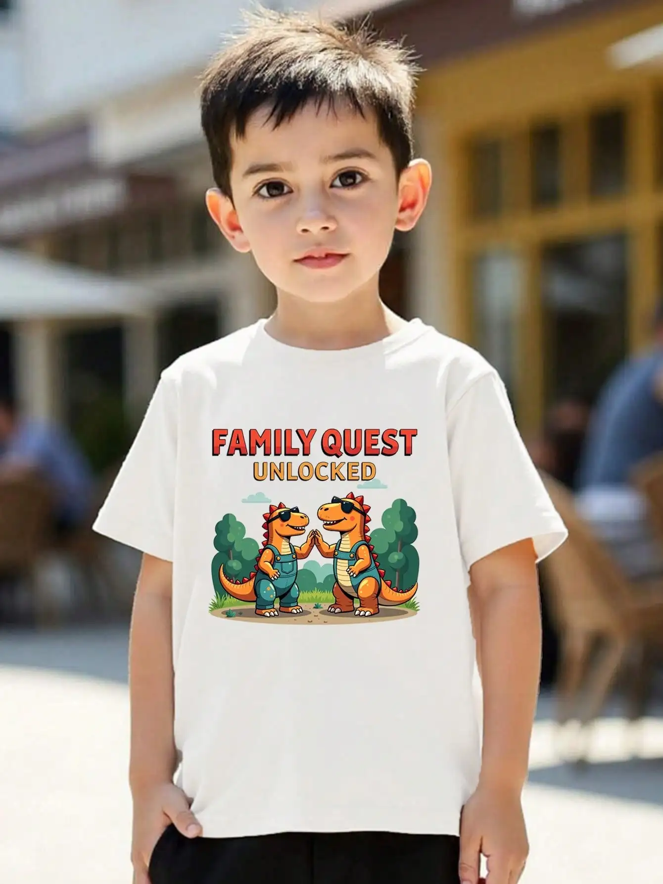 

Tween Girls/Boys Clothes, Family Quest Cotton T-Shirt, White Tee With Dinosaur Graphic