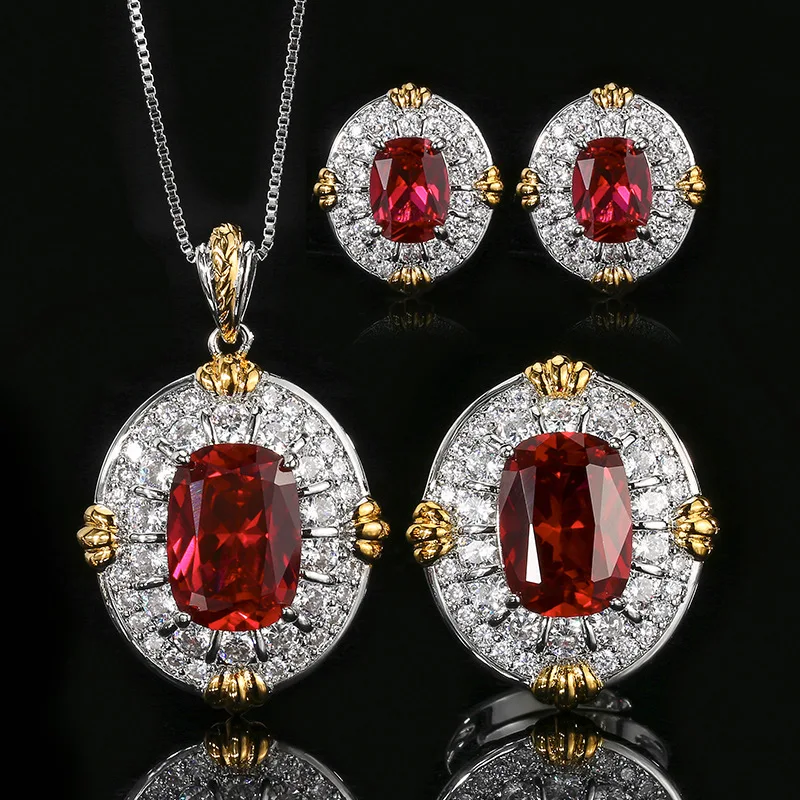 Joyería de estilo vintage, nueva, con base de cobre y piedra de corindón rojo sintético, conjunto de joyería de lujo con baño de oro para mujer, regalo para el Día de la Madre.